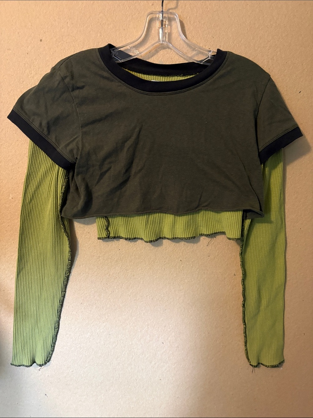BDG Olive Green Crop Top with Lime Ribbed Layer - Picture 2 of 5